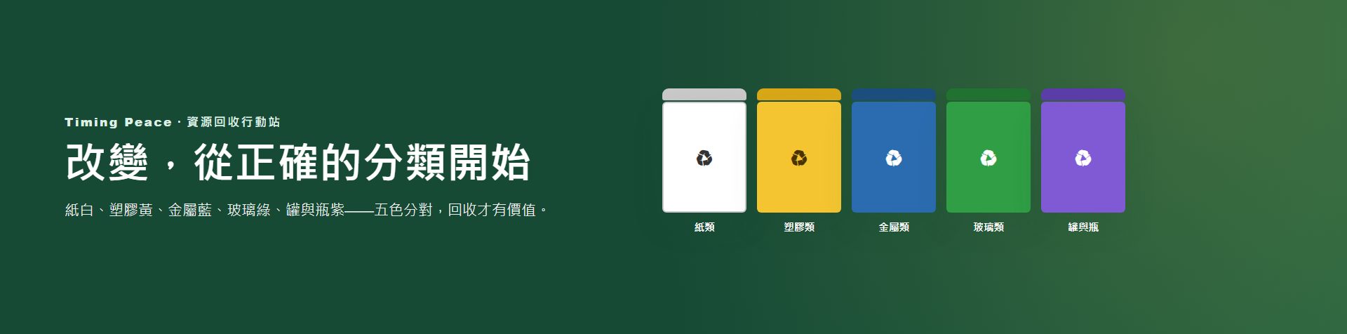 五色資源回收桶示意：紙類白色、塑膠類黃色、金屬類藍色、玻璃類綠色、罐與瓶紫色。