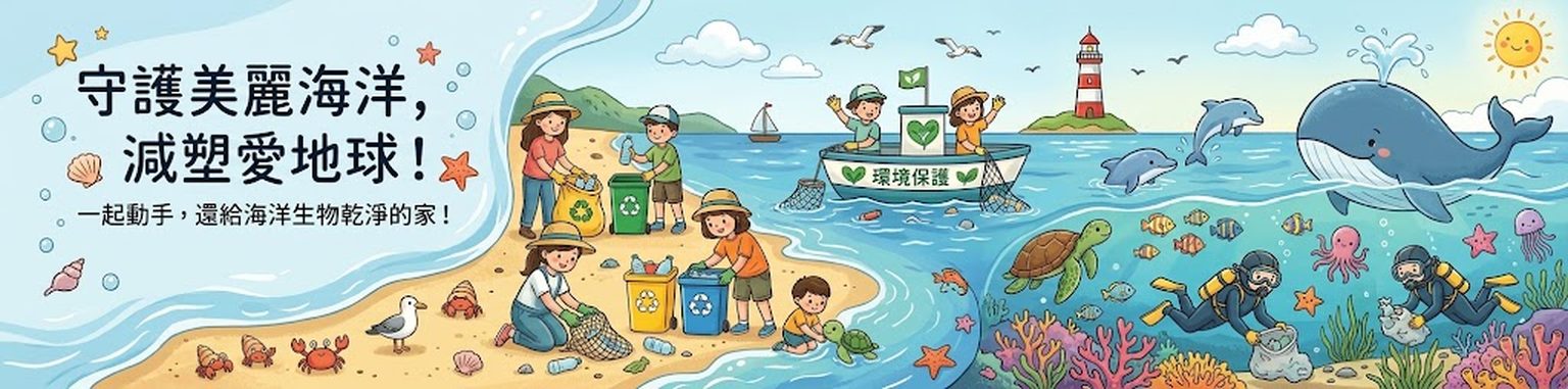 插畫：淨灘志工在海邊分類瓶罐，海面上的小船拉起漁網，海豚、鯨魚與海龜優游，標語寫著「守護美麗海洋，減塑愛地球」。